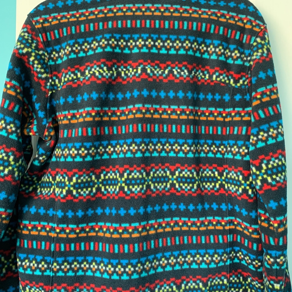 Women’s Columbia Fleece Black w/ Tribal Aztec Colorful Print full zip jacket Med - Picture 6 of 10